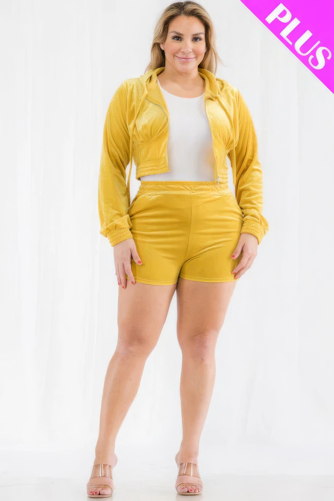 Plus Size Velour Crop Zip Up Hoodie And Shorts Set - Tigbul's Variety Fashion Shop