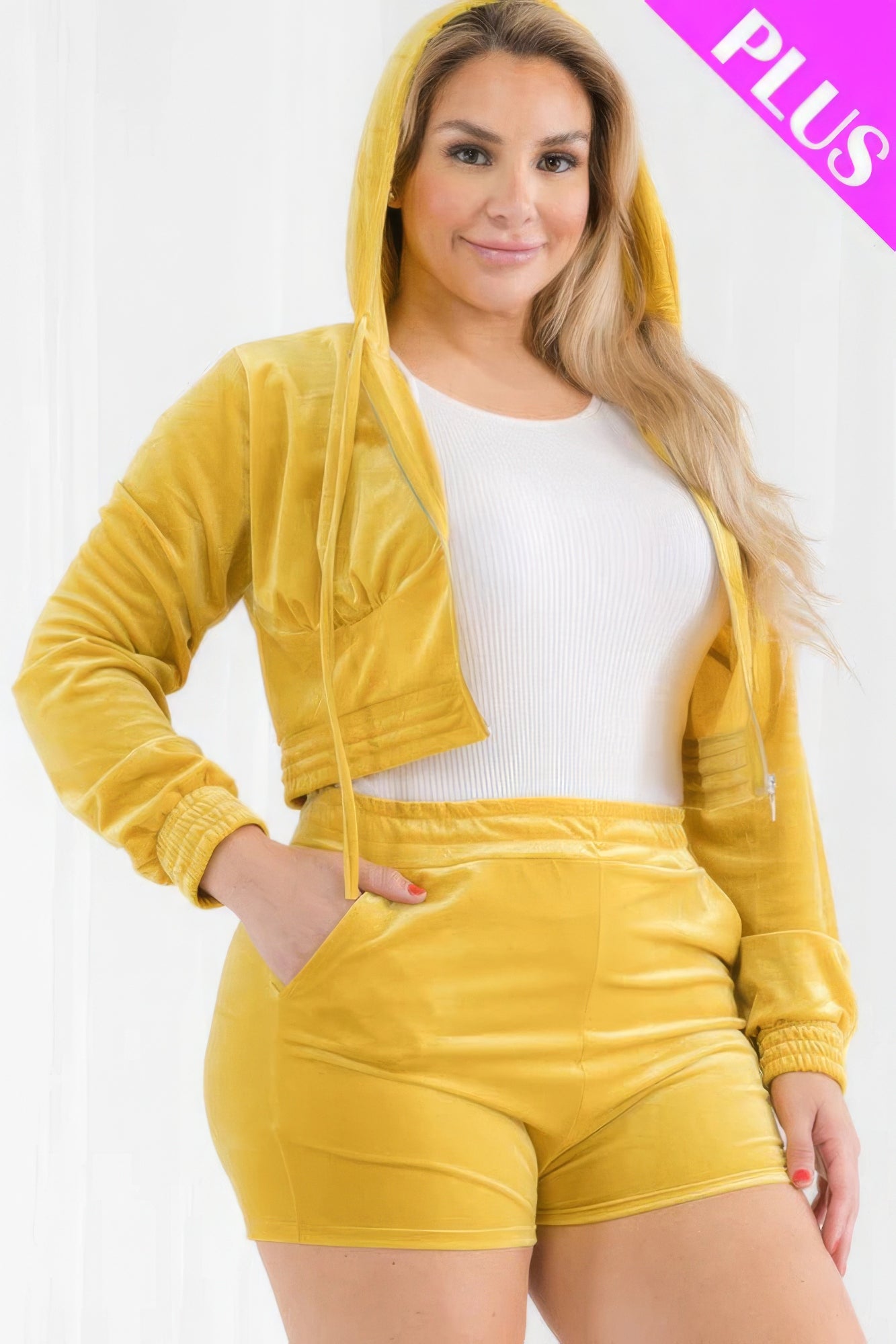 Plus Size Velour Crop Zip Up Hoodie And Shorts Set - Tigbul's Variety Fashion Shop