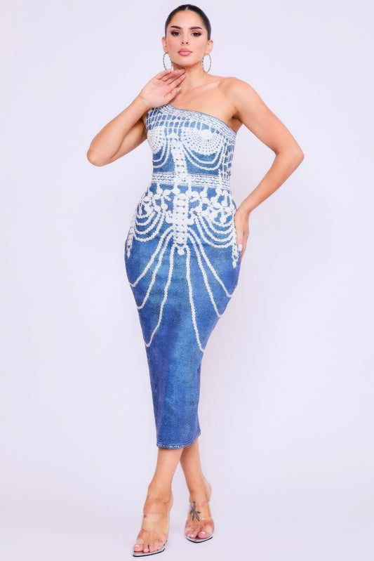 One Shoulder Denim Print Dress - Tigbul's Variety Fashion Shop