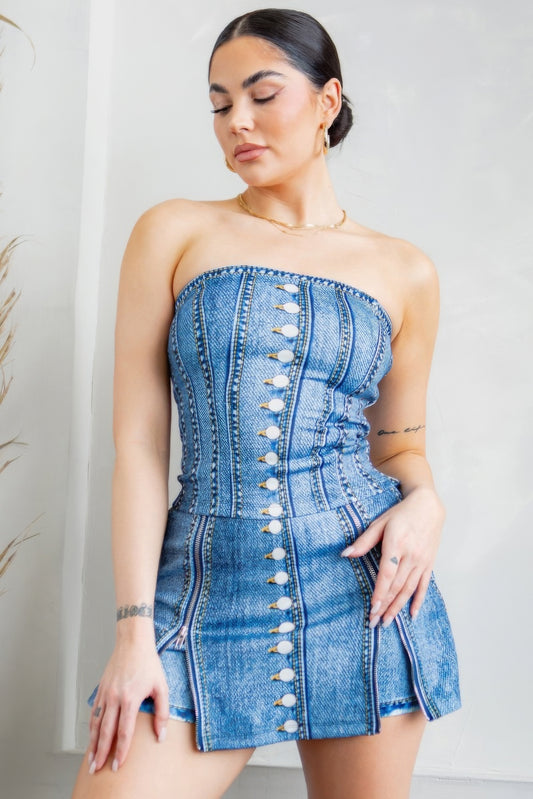 Denim Effect Corset Top & Bottom Set - Tigbul's Variety Fashion Shop