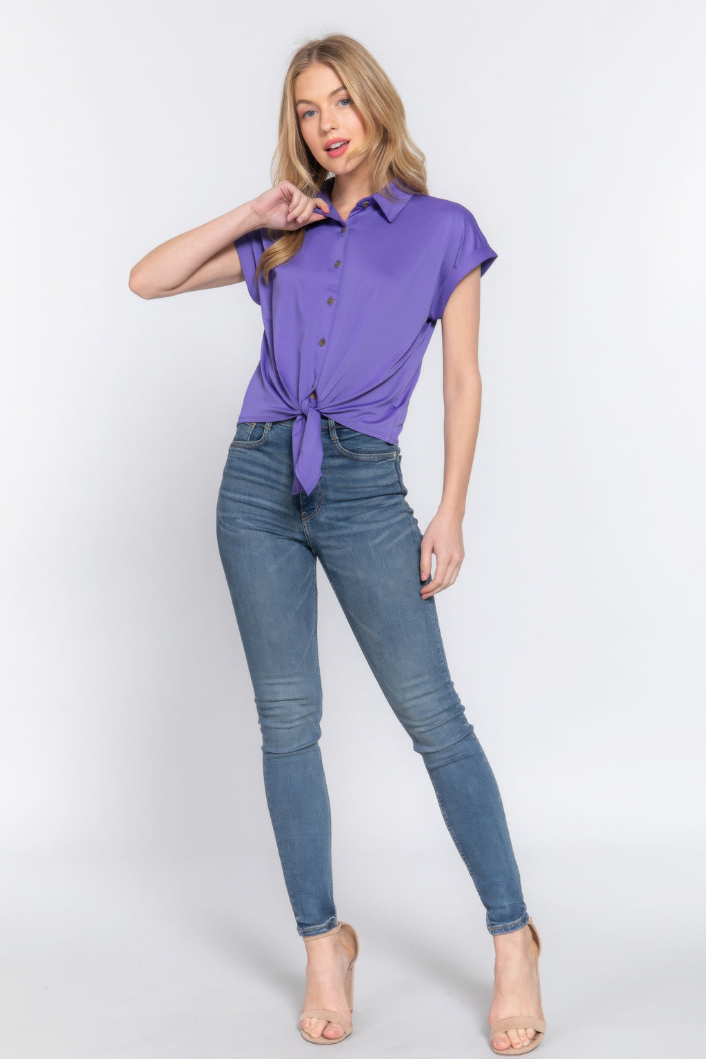 Purple short-sleeve button top with front waist tie and side drape