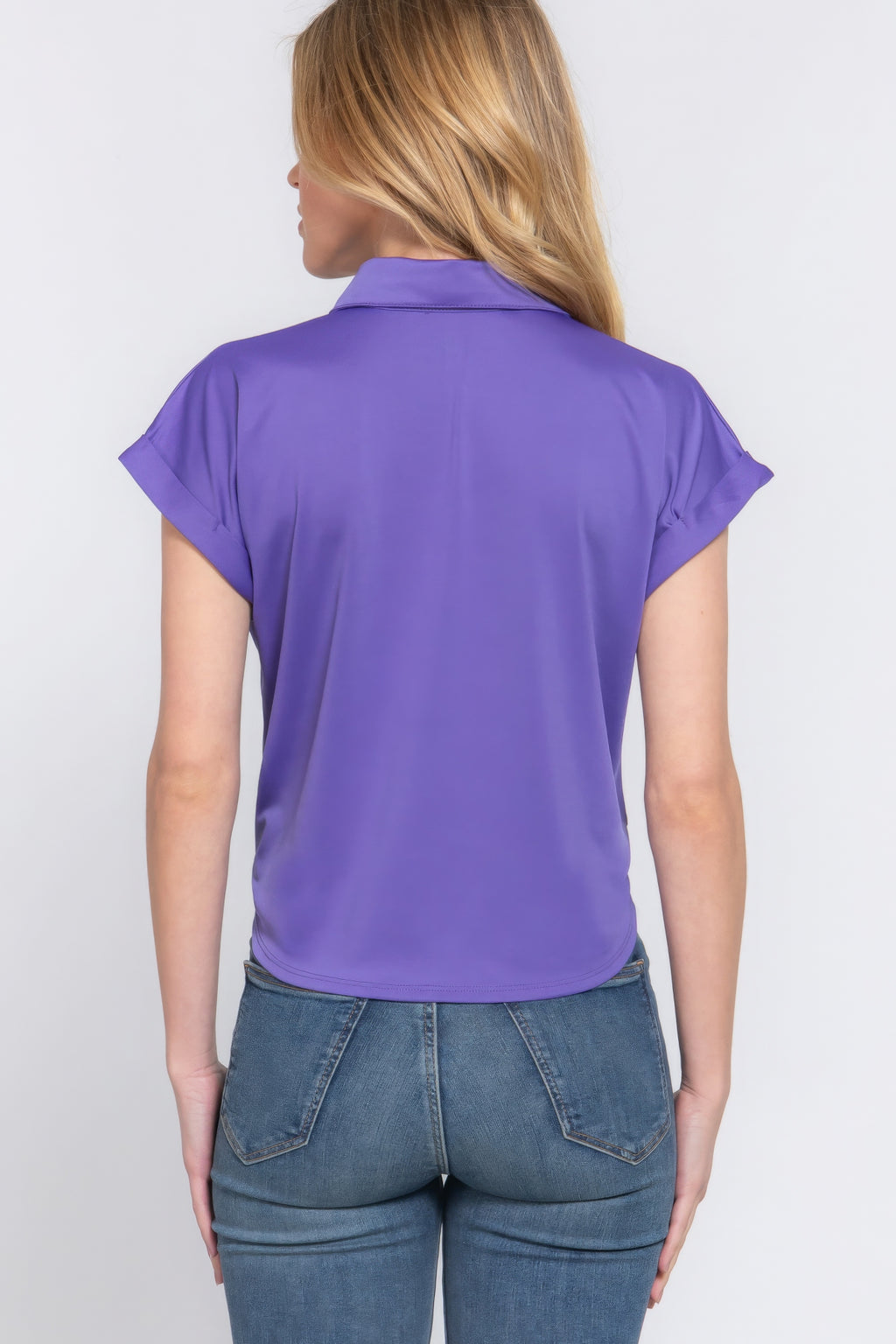 Purple short-sleeve button-up top, back view