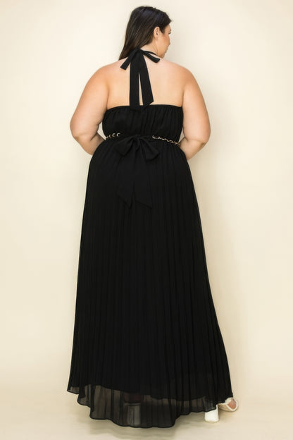 Chiffon Pleated Gold Trim Neck & Belt Cut Out Chest Maxi Dress - Tigbul's Variety Fashion Shop