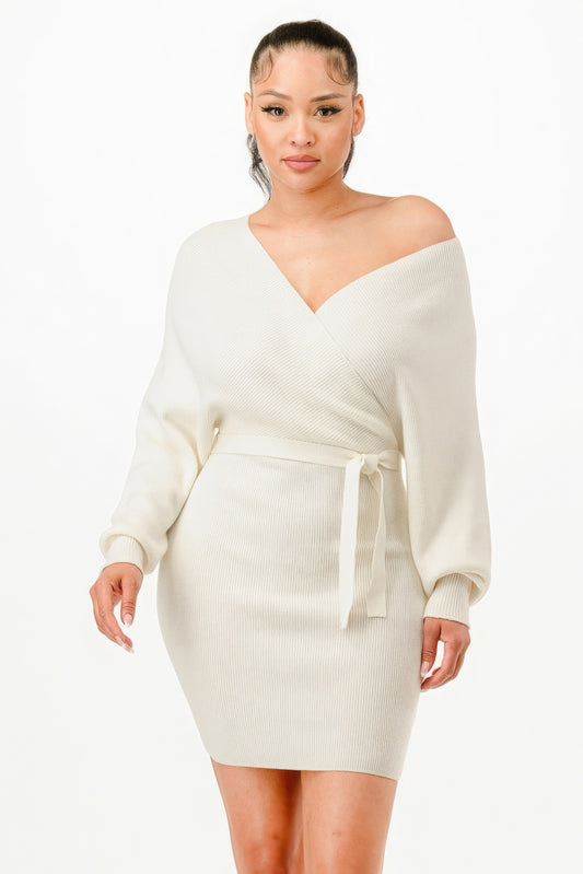 Ivory Off Shoulder Wrap Belted Ribbed Sweater Dress - Tigbul's Variety Fashion Shop