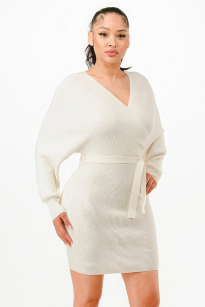 Ivory Off Shoulder Wrap Belted Ribbed Sweater Dress - Tigbul's Variety Fashion Shop