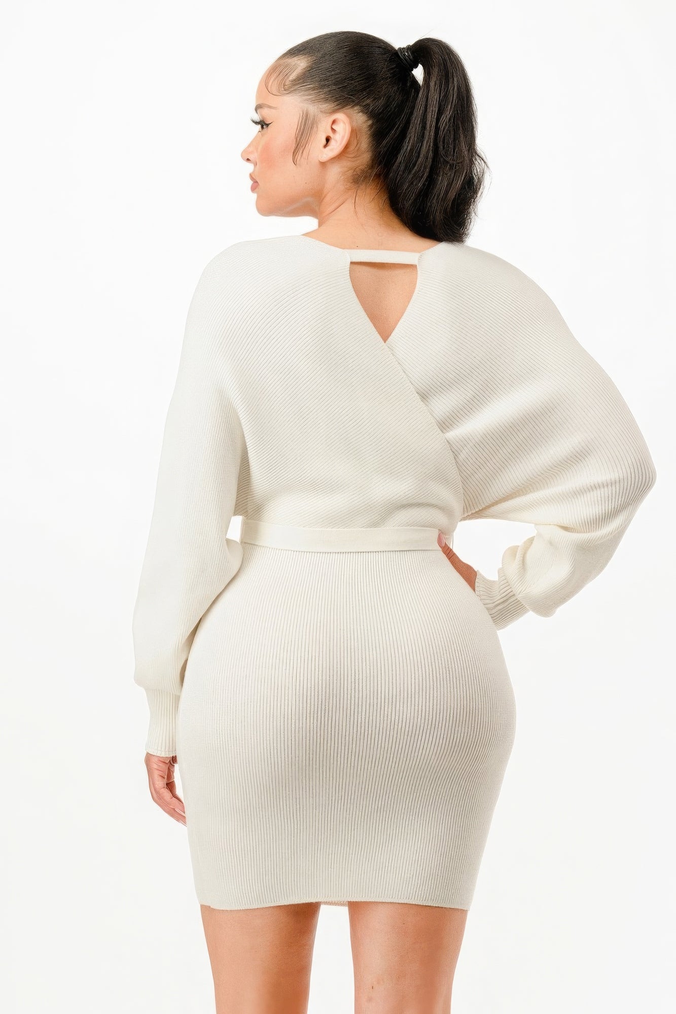 Ivory Off Shoulder Wrap Belted Ribbed Sweater Dress - Tigbul's Variety Fashion Shop