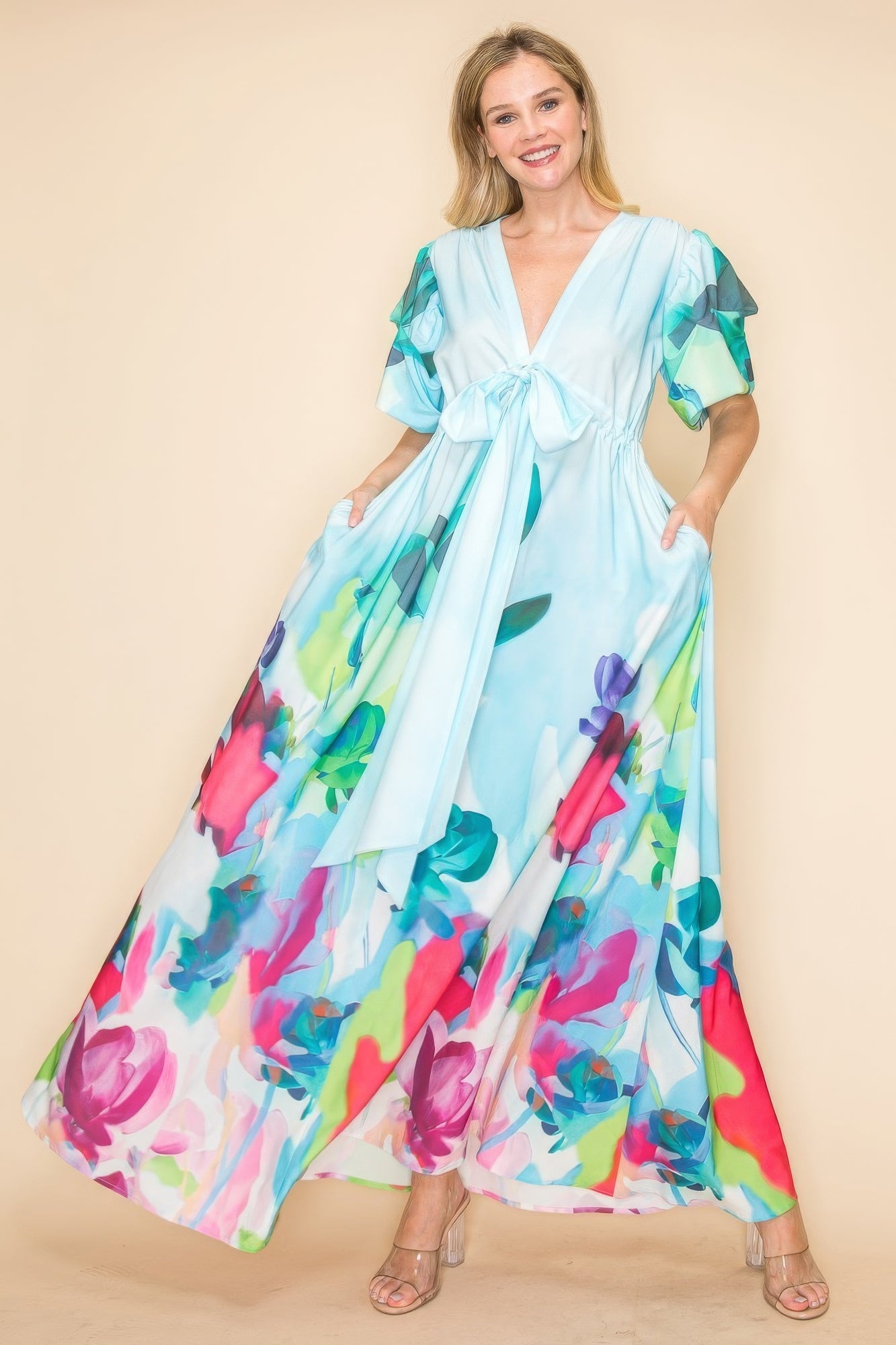 Printed V Neck Maxi Dress - Tigbul's Variety Fashion Shop