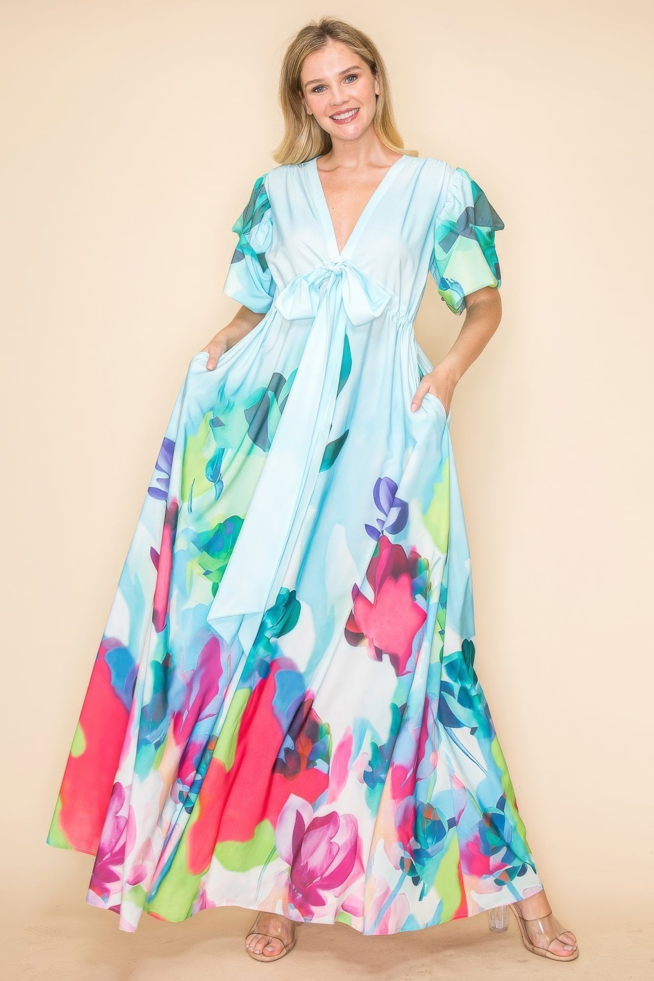 Printed V Neck Maxi Dress - Tigbul's Variety Fashion Shop