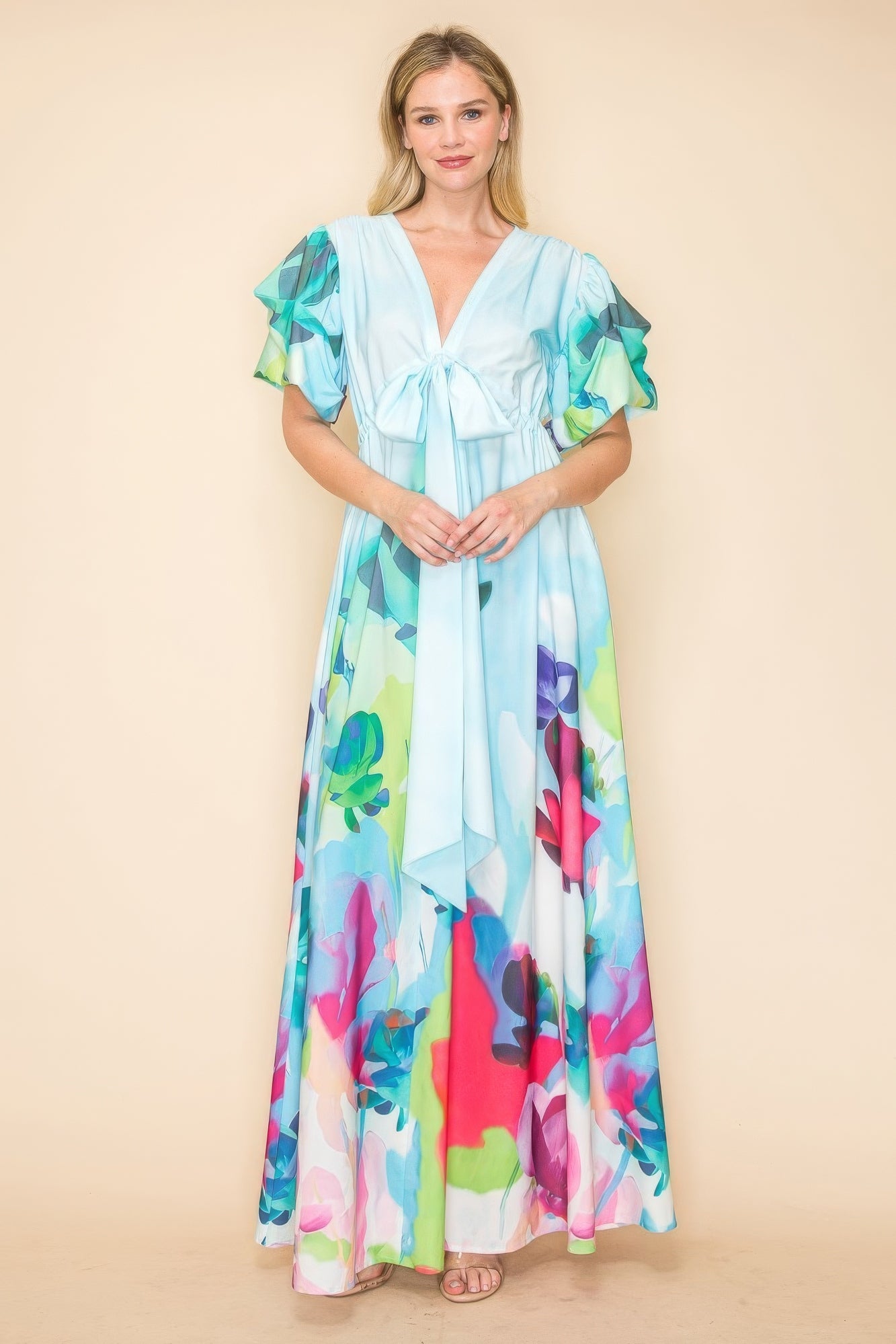 Printed V Neck Maxi Dress - Tigbul's Variety Fashion Shop