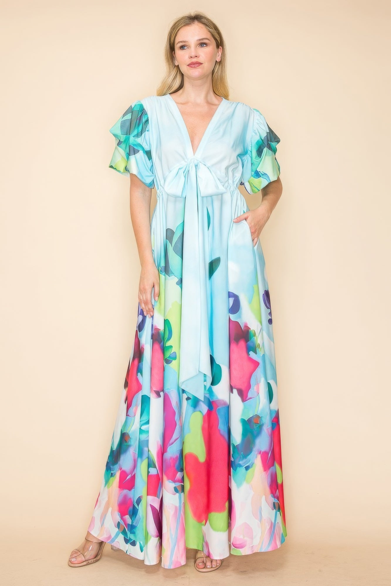 Printed V Neck Maxi Dress - Tigbul's Variety Fashion Shop