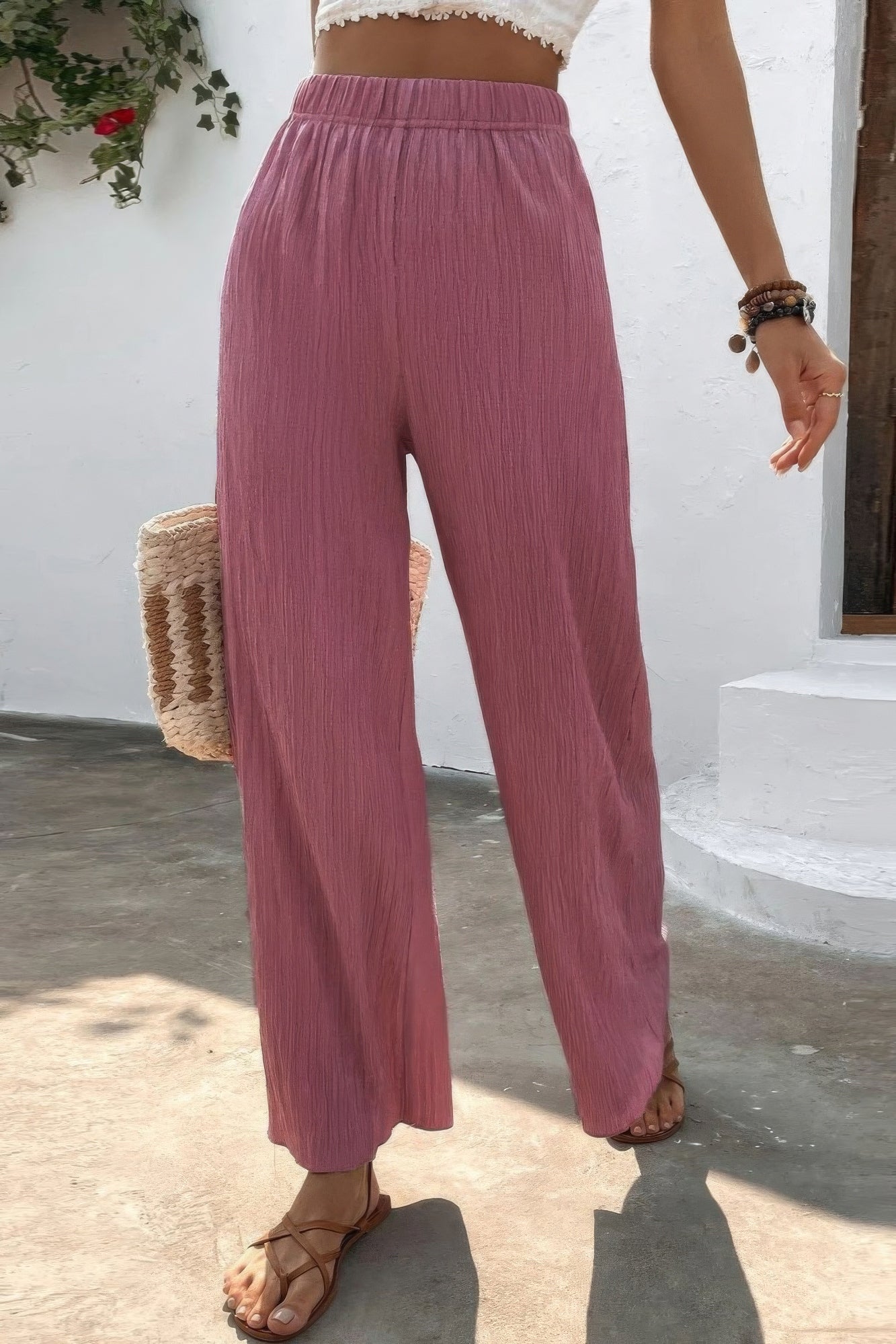 Textured Wide Leg Palazzo Pants - Tigbul's Variety Fashion Shop