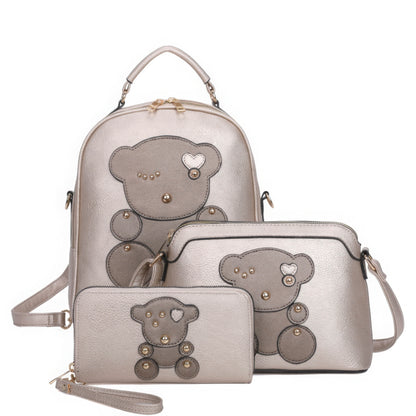 3in1 Cute Bear Design Handle Backpack W Crossbody And Wallet Set - Tigbul's Variety Fashion Shop