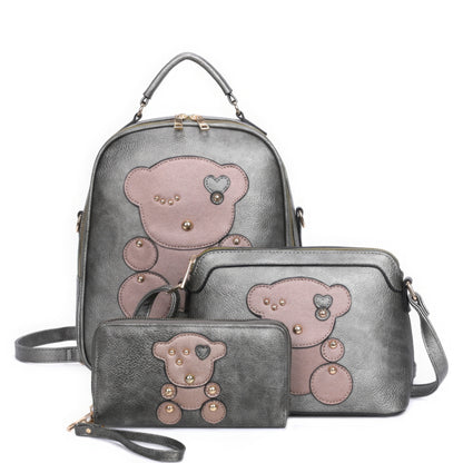 3in1 Cute Bear Design Handle Backpack W Crossbody And Wallet Set - Tigbul's Variety Fashion Shop