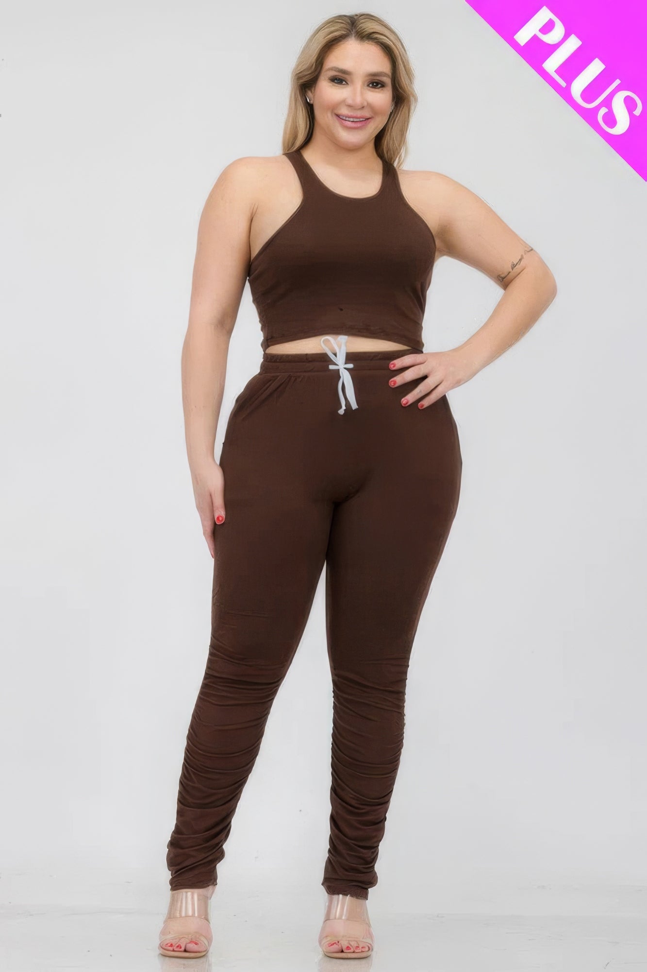 Plus Size Crop Tank Top & Ruched Pants Set - Tigbul's Variety Fashion Shop