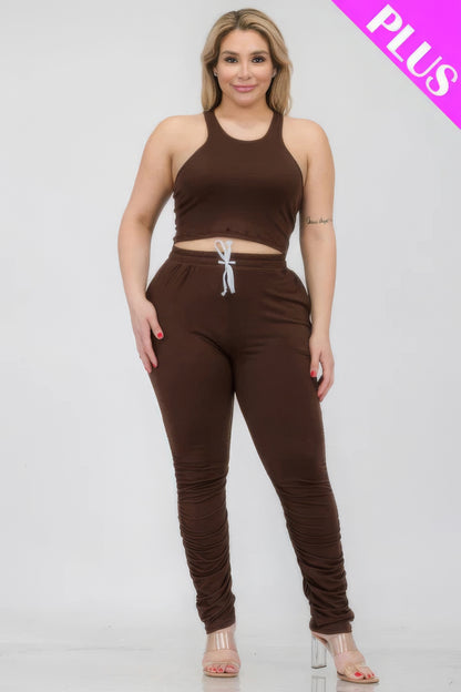 Plus Size Crop Tank Top & Ruched Pants Set - Tigbul's Variety Fashion Shop