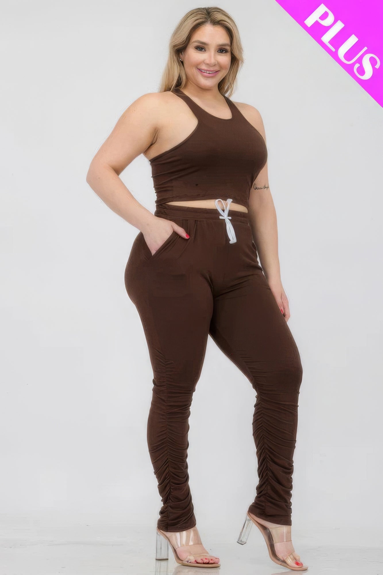 Plus Size Crop Tank Top & Ruched Pants Set - Tigbul's Variety Fashion Shop