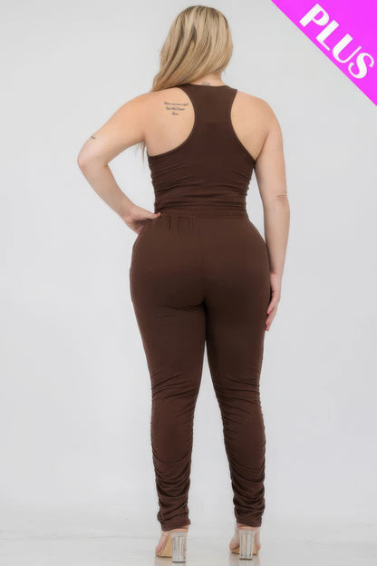 Plus Size Crop Tank Top & Ruched Pants Set - Tigbul's Variety Fashion Shop