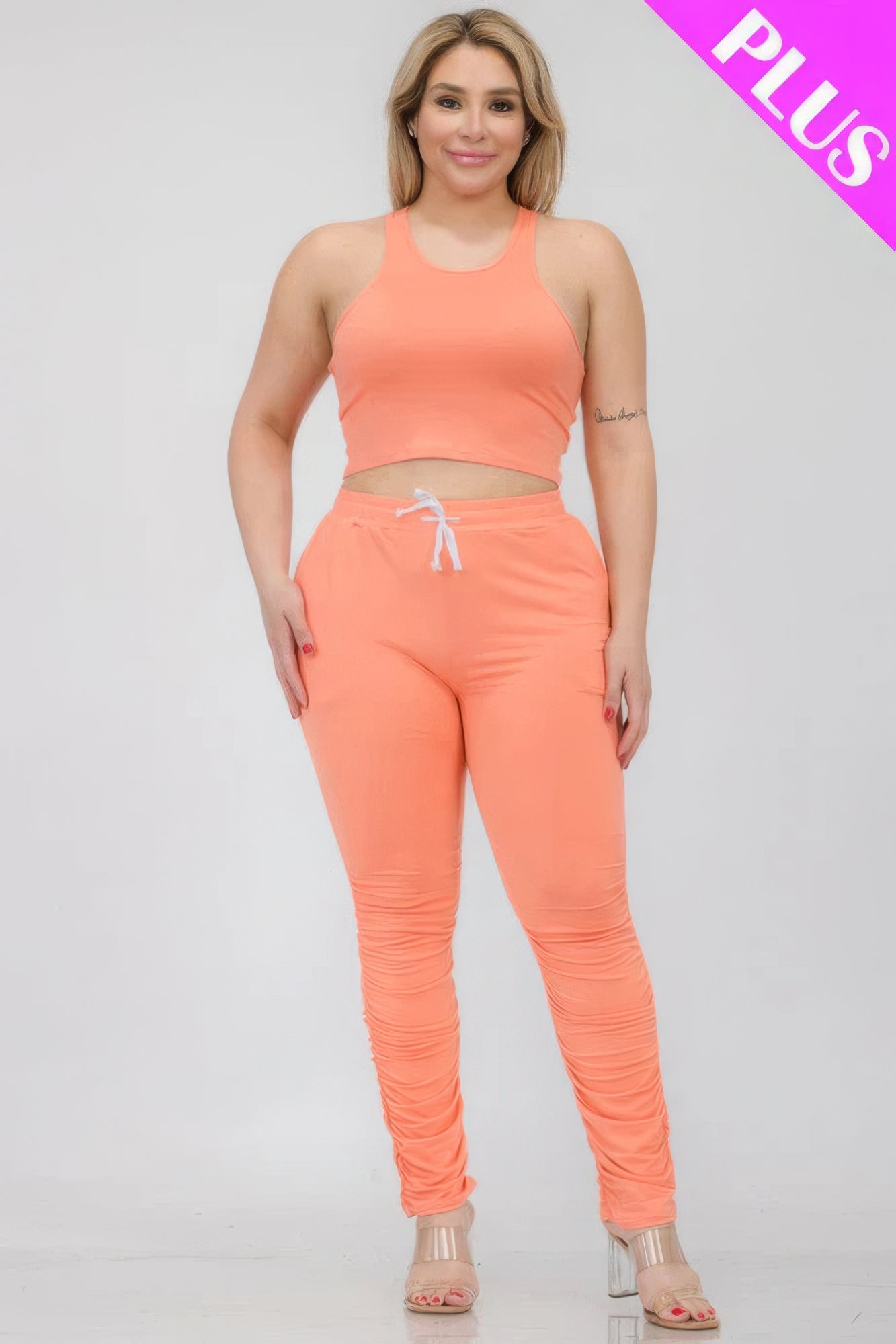 Plus Size Crop Tank Top & Ruched Pants Set - Tigbul's Variety Fashion Shop