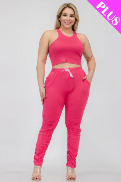 Plus Size Crop Tank Top & Ruched Pants Set - Tigbul's Variety Fashion Shop