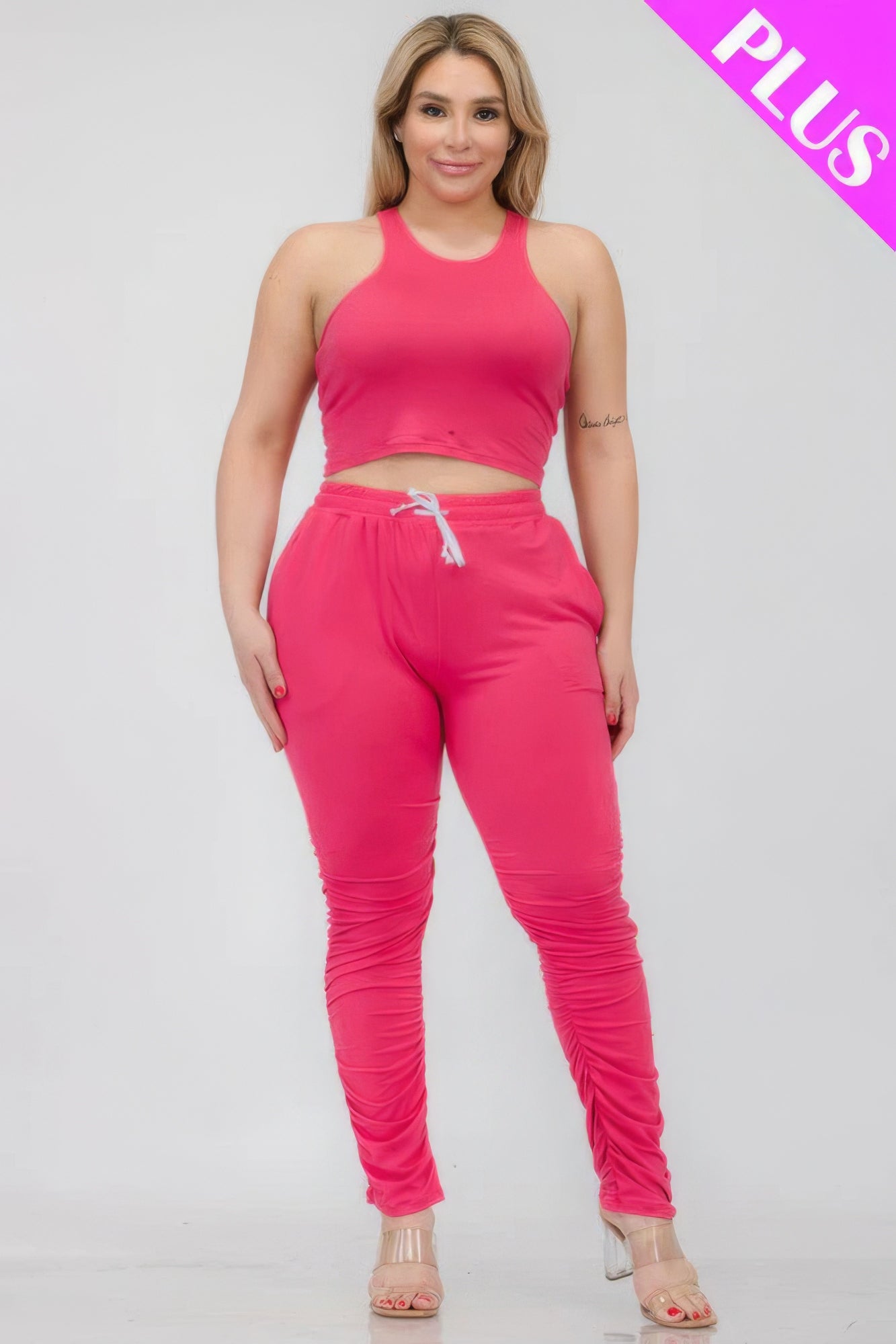 Plus Size Crop Tank Top & Ruched Pants Set - Tigbul's Variety Fashion Shop