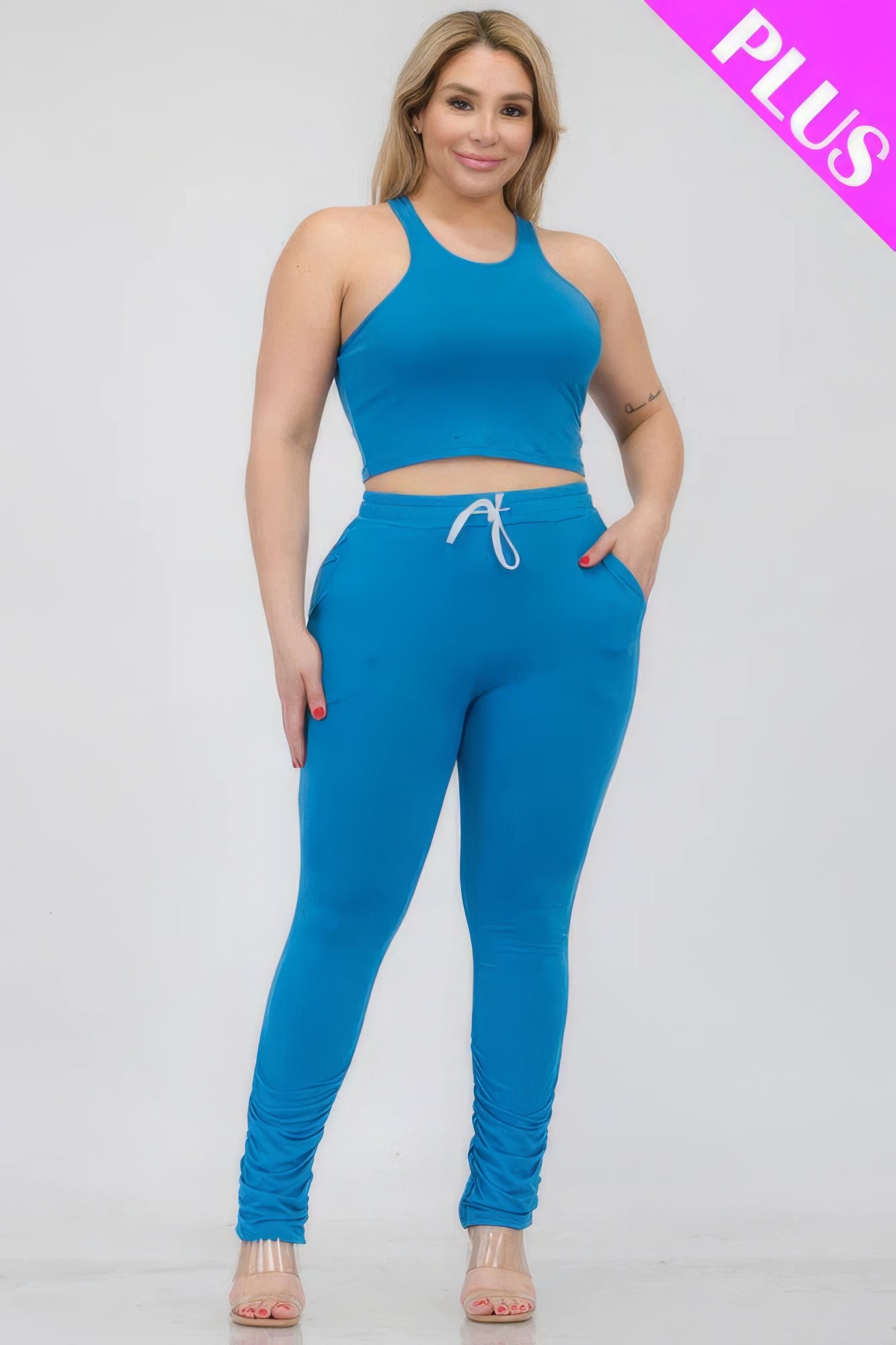 Plus Size Crop Tank Top & Ruched Pants Set - Tigbul's Variety Fashion Shop