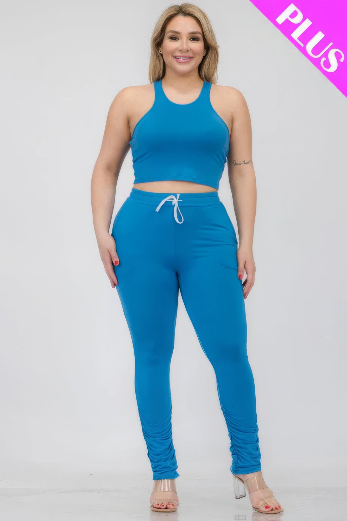 Plus Size Crop Tank Top & Ruched Pants Set - Tigbul's Variety Fashion Shop