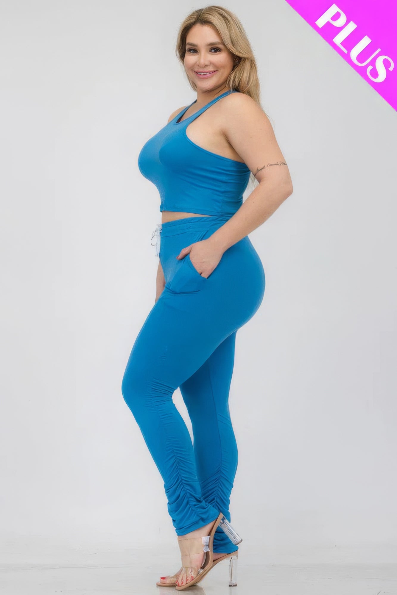 Plus Size Crop Tank Top & Ruched Pants Set - Tigbul's Variety Fashion Shop