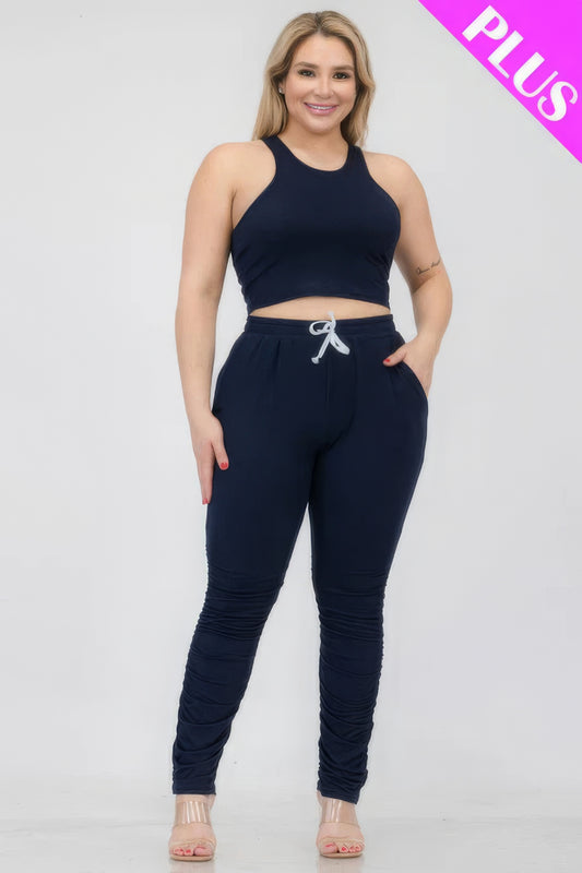 Plus Size Crop Tank Top & Ruched Pants Set - Tigbul's Variety Fashion Shop