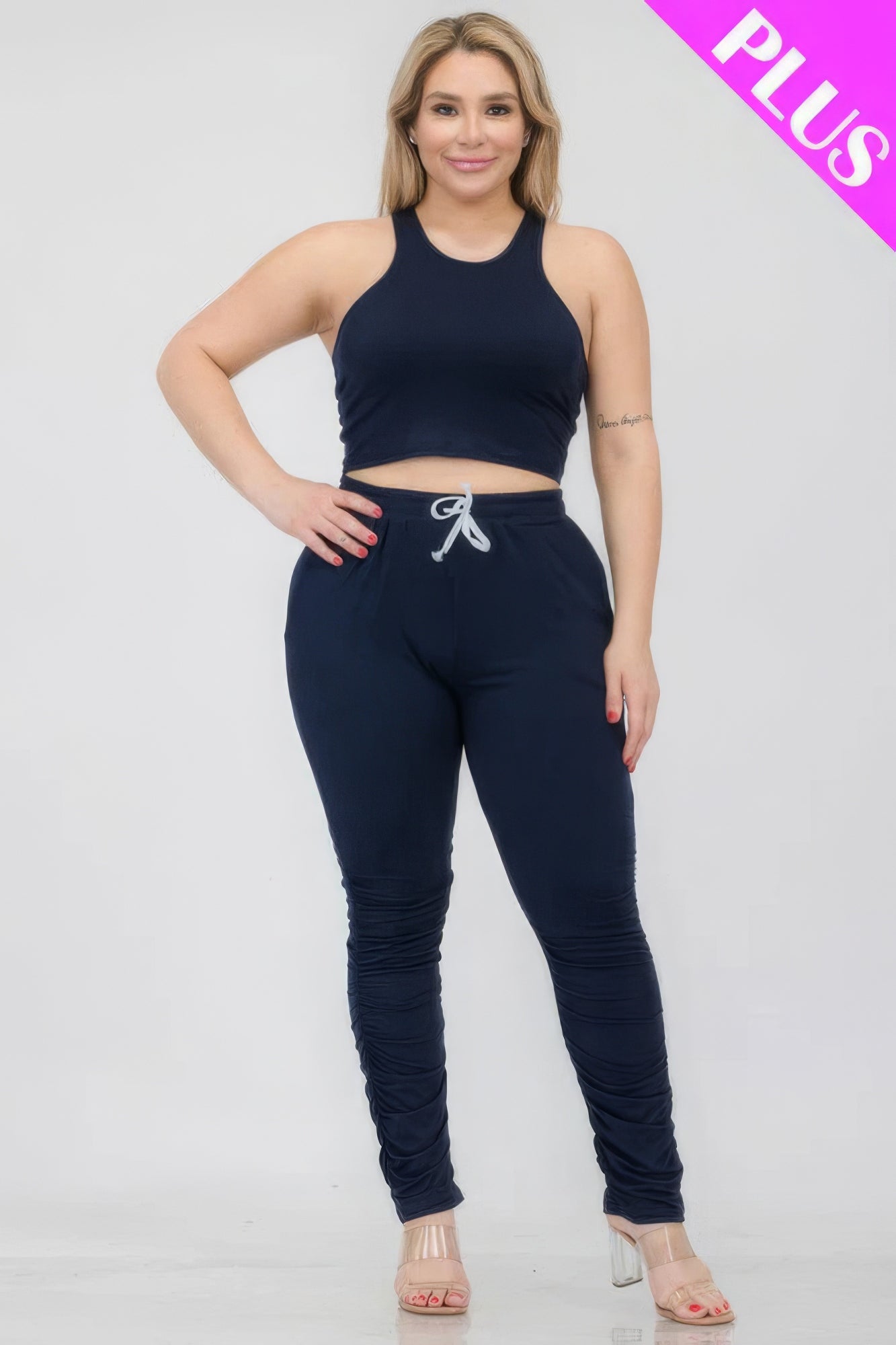 Plus Size Crop Tank Top & Ruched Pants Set - Tigbul's Variety Fashion Shop