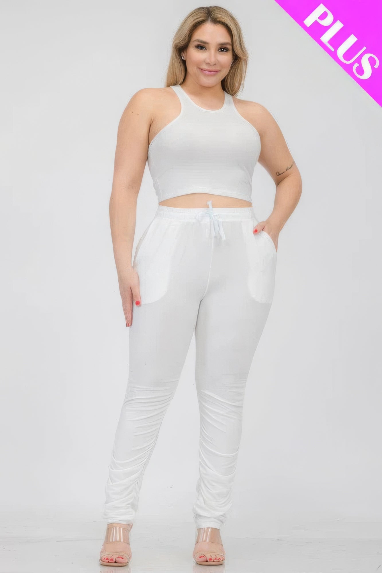 Plus Size Crop Tank Top & Ruched Pants Set - Tigbul's Variety Fashion Shop