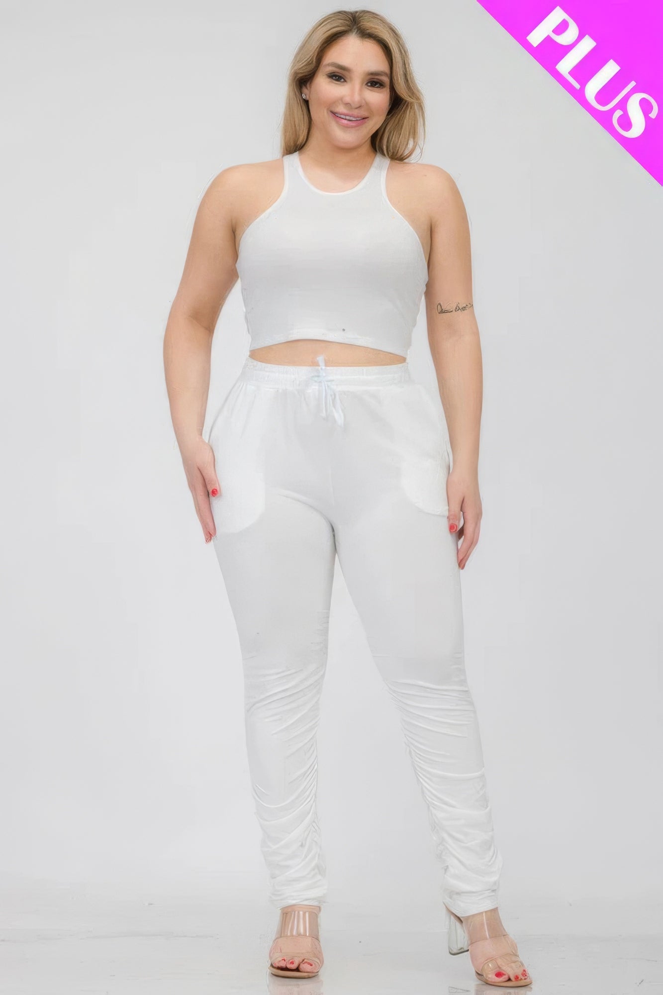 Plus Size Crop Tank Top & Ruched Pants Set - Tigbul's Variety Fashion Shop