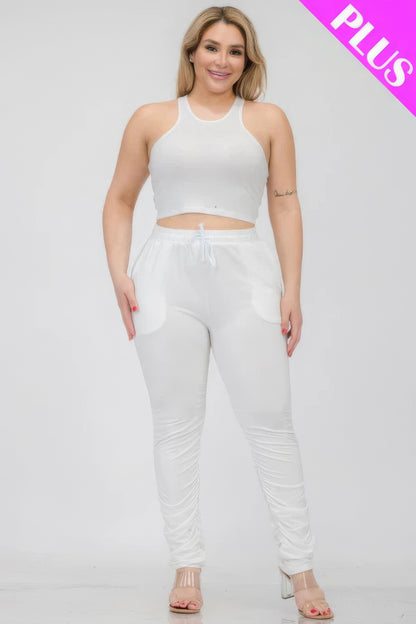 Plus Size Crop Tank Top & Ruched Pants Set - Tigbul's Variety Fashion Shop