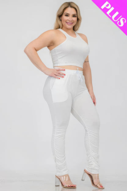 Plus Size Crop Tank Top & Ruched Pants Set - Tigbul's Variety Fashion Shop