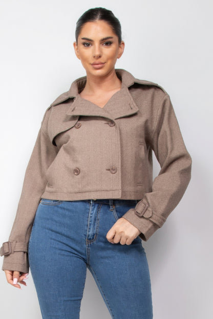 Notch Buckled Sleeve Crop Trench Coat - Tigbul's Variety Fashion Shop