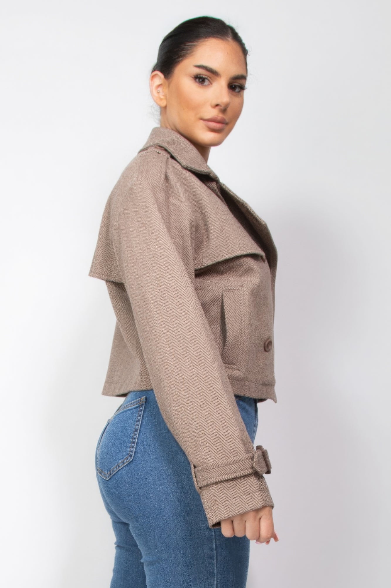 Notch Buckled Sleeve Crop Trench Coat - Tigbul's Variety Fashion Shop