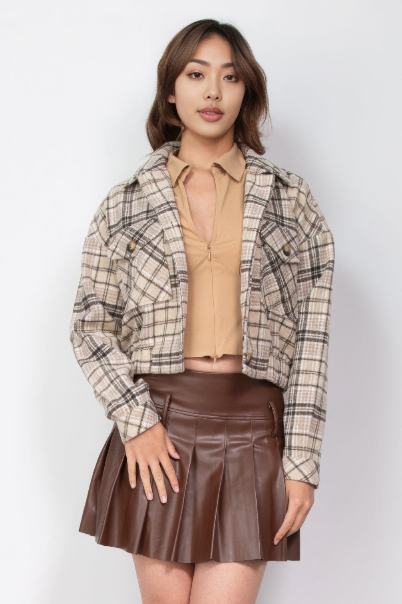 Plaid Button-down Crop Jacket - Tigbul's Variety Fashion Shop