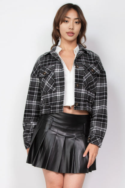 Plaid Button-down Crop Jacket - Tigbul's Variety Fashion Shop