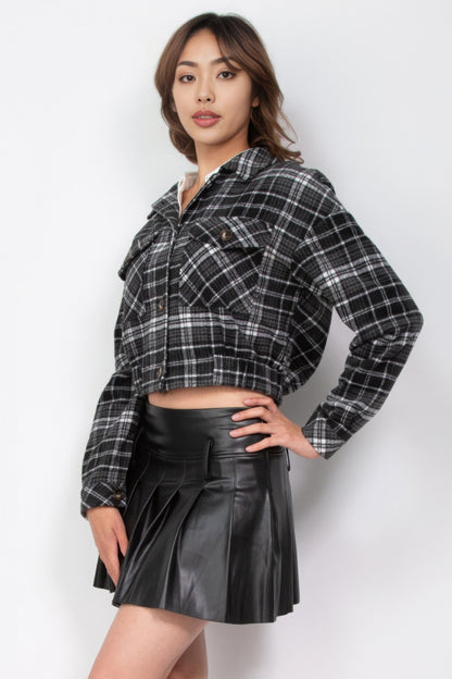 Plaid Button-down Crop Jacket - Tigbul's Variety Fashion Shop