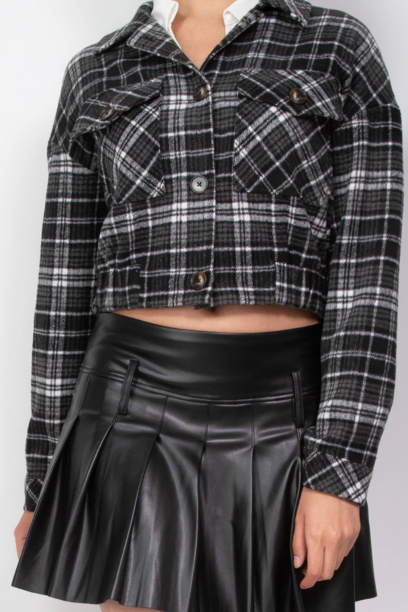 Plaid Button-down Crop Jacket - Tigbul's Variety Fashion Shop