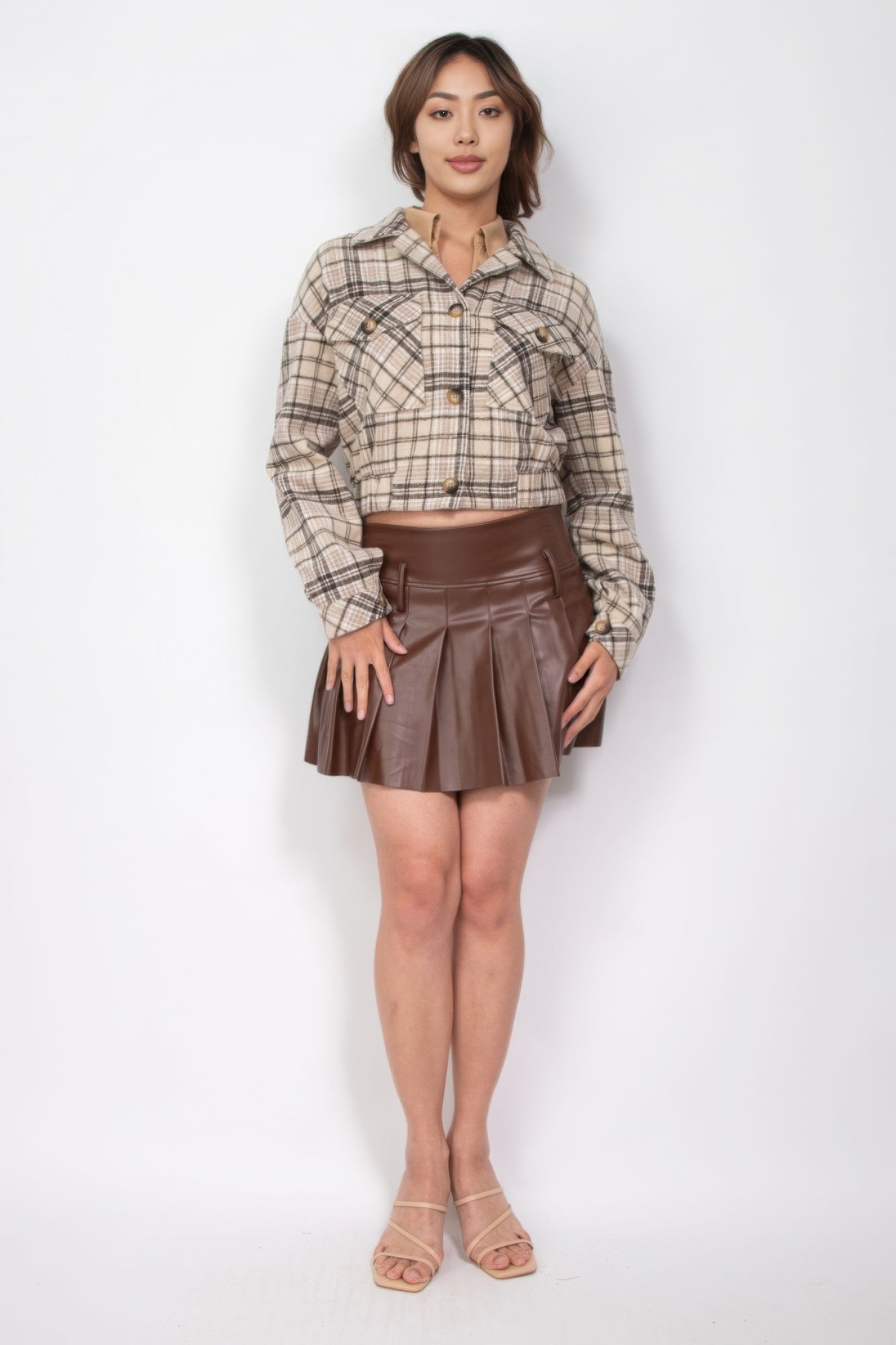 Plaid Button-down Crop Jacket - Tigbul's Variety Fashion Shop