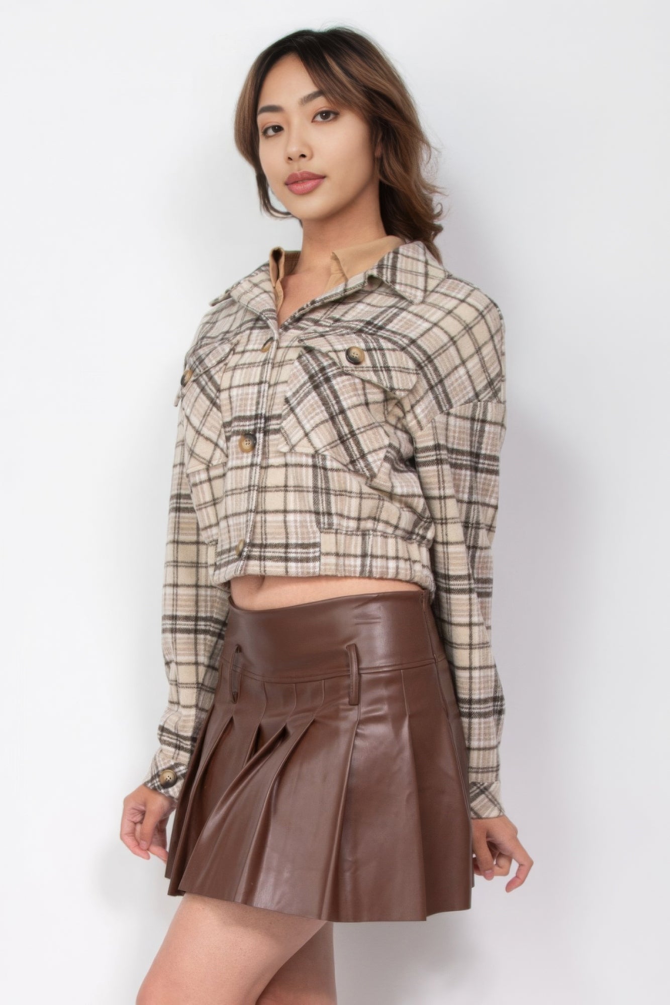 Plaid Button-down Crop Jacket - Tigbul's Variety Fashion Shop