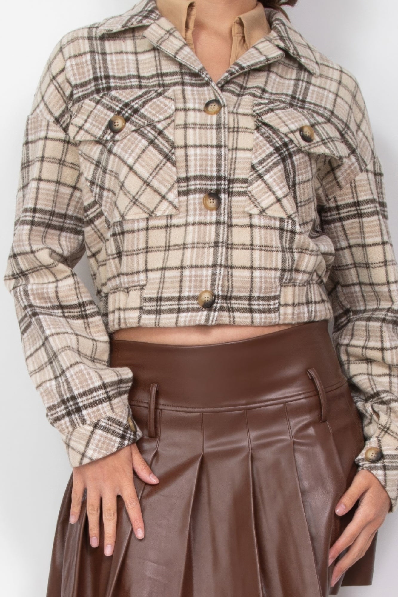 Plaid Button-down Crop Jacket - Tigbul's Variety Fashion Shop