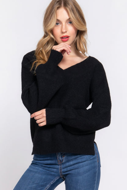 Long Slv Double V-neck Sweater - Tigbul's Variety Fashion Shop