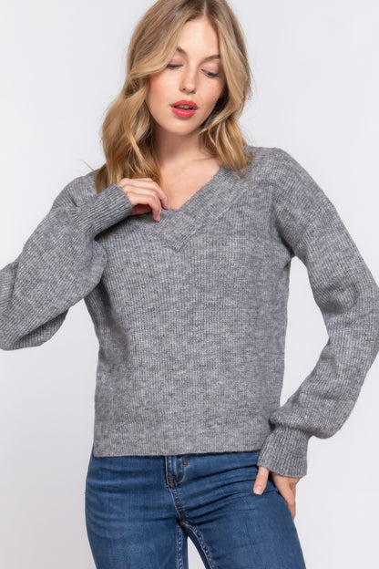 Long Slv Double V-neck Sweater - Tigbul's Variety Fashion Shop