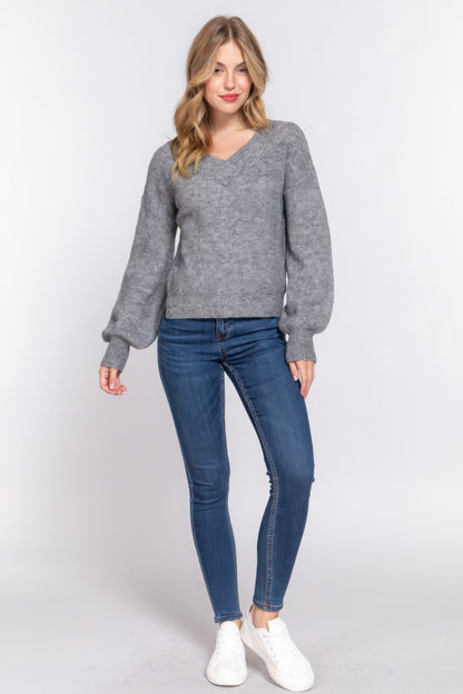 Long Slv Double V-neck Sweater - Tigbul's Variety Fashion Shop