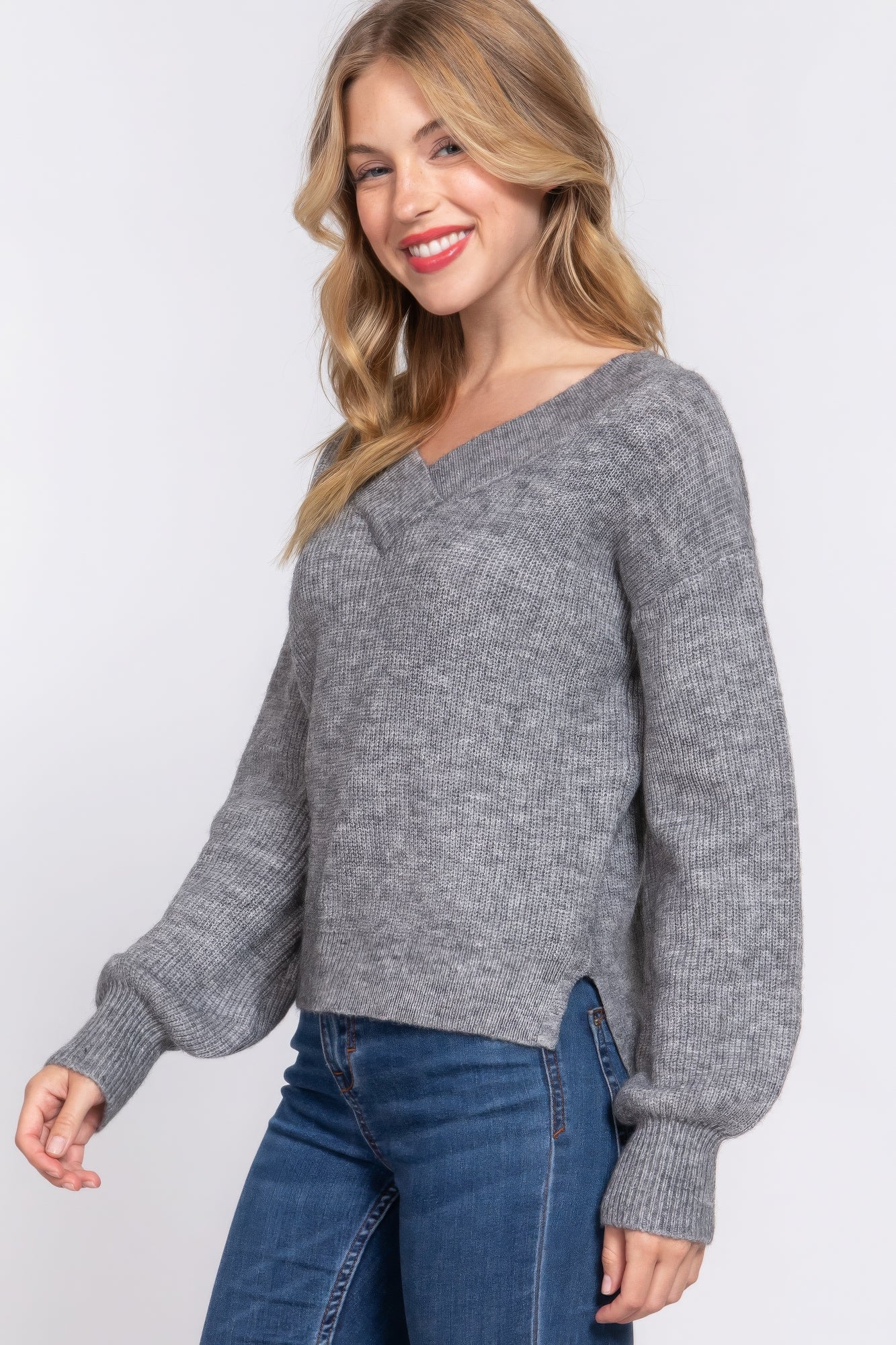 Long Slv Double V-neck Sweater - Tigbul's Variety Fashion Shop