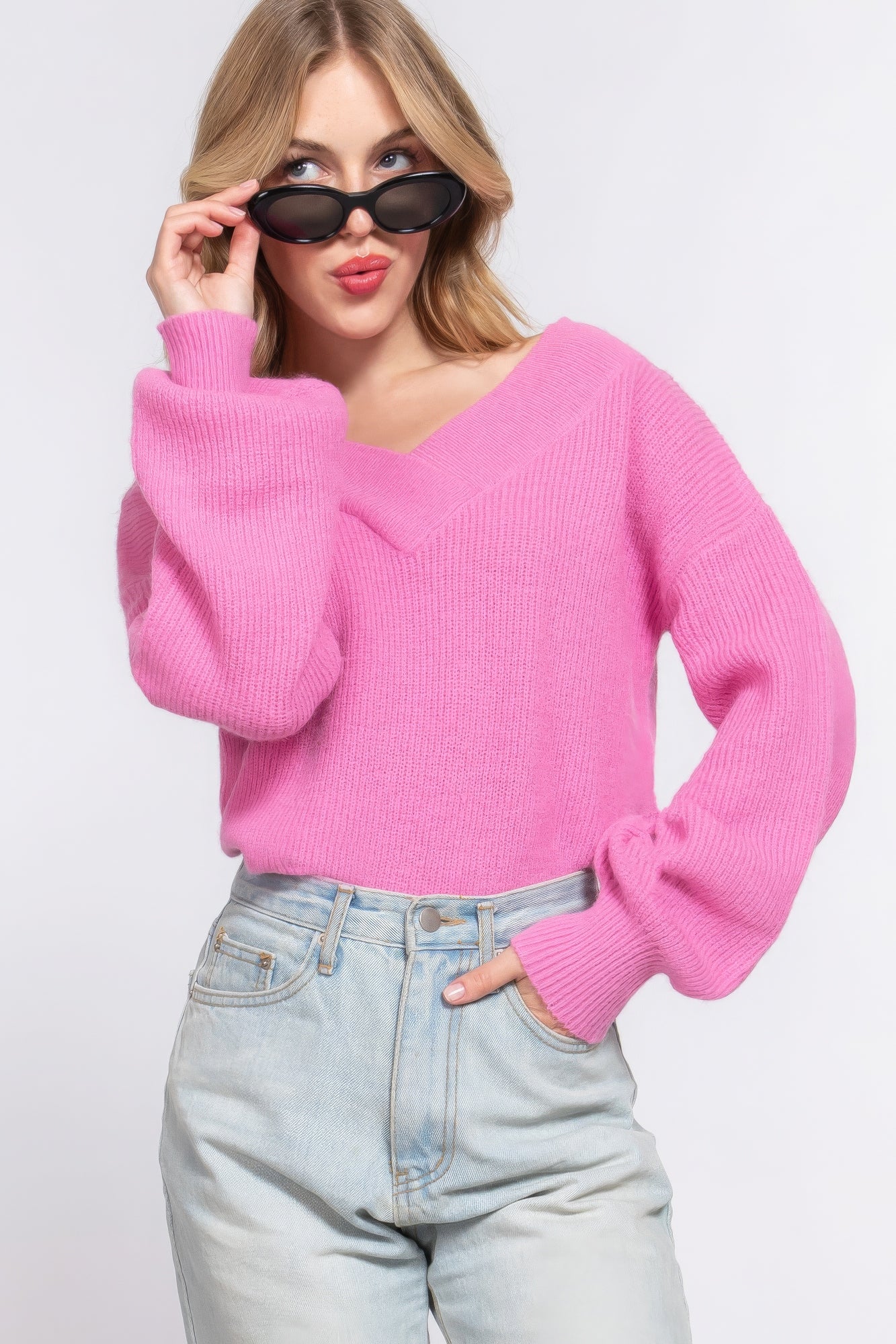 Long Slv Double V-neck Sweater - Tigbul's Variety Fashion Shop