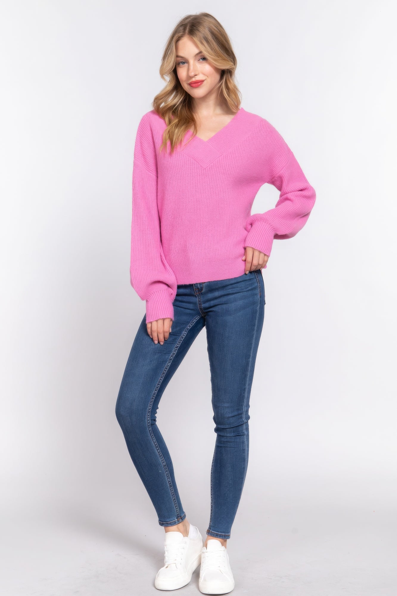 Long Slv Double V-neck Sweater - Tigbul's Variety Fashion Shop