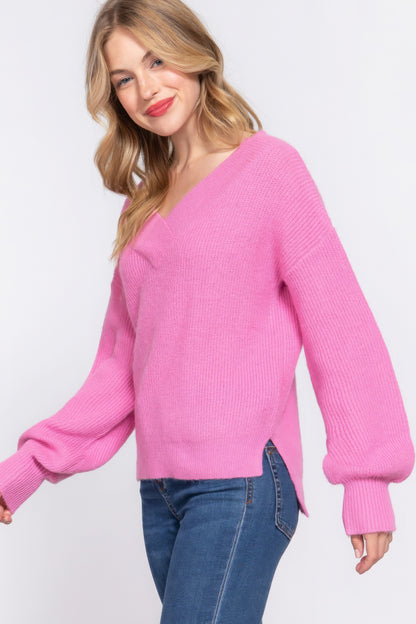 Long Slv Double V-neck Sweater - Tigbul's Variety Fashion Shop