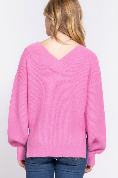 Long Slv Double V-neck Sweater - Tigbul's Variety Fashion Shop